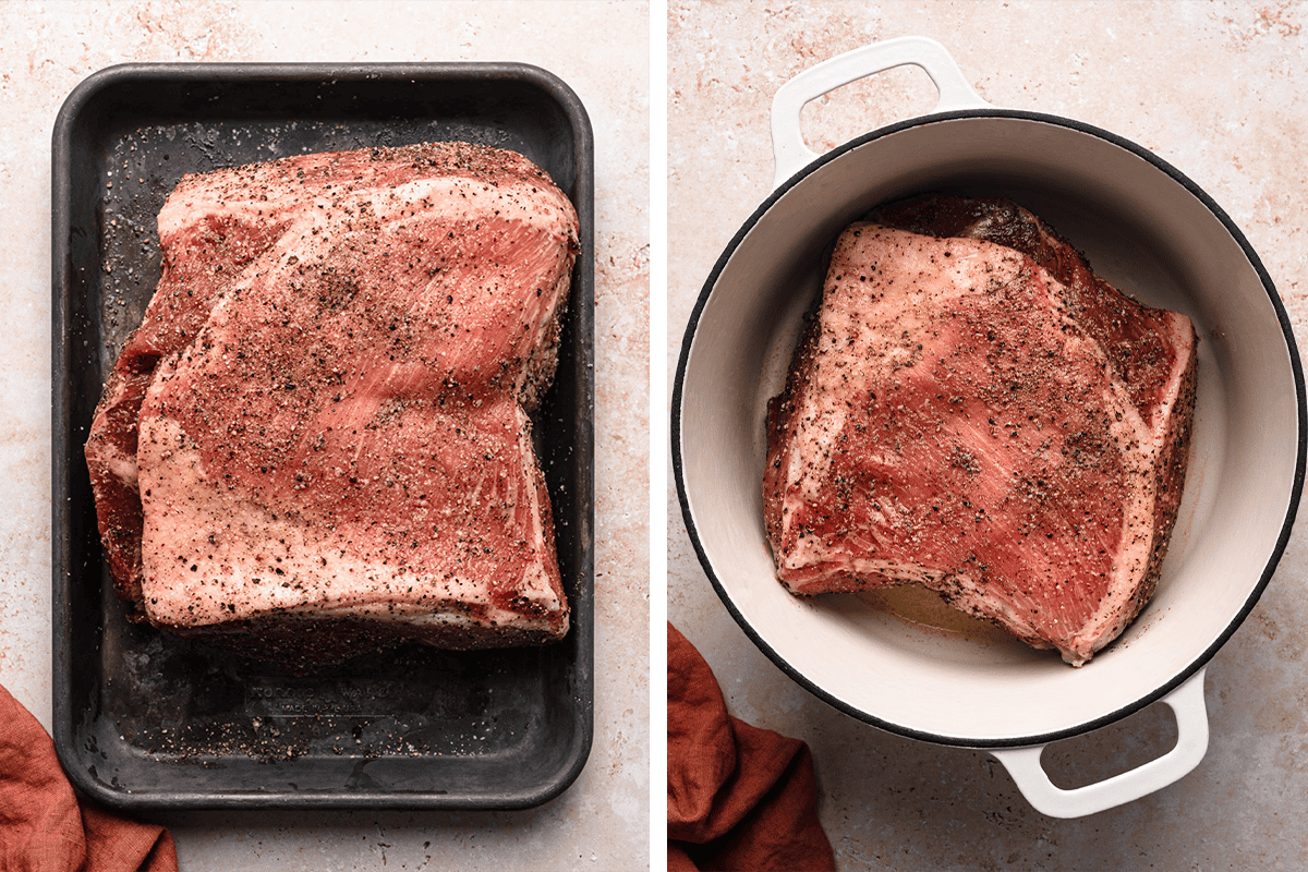 Seasoning pork shoulder with salt and pepper, and then browning it in a white dutch oven.