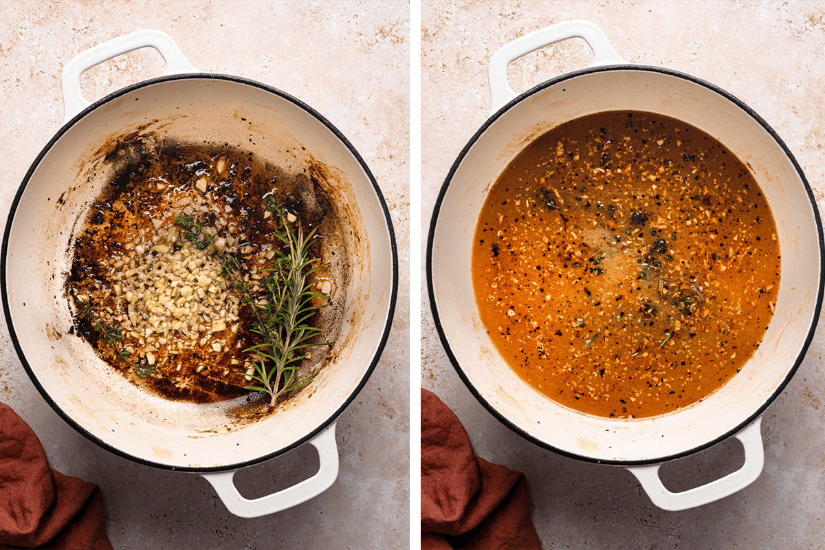 Cooking garlic, thyme, and rosemary in a dutch oven, then adding vinegar, cider, broth, and mustard, scraping up browned bits.