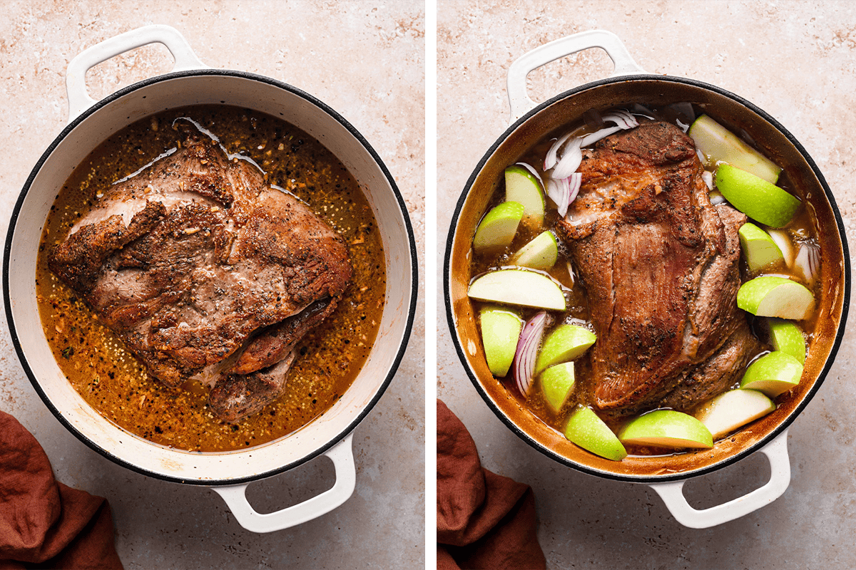 Returning the pork shoulder to the dutch oven and then adding sliced Granny Smith apples and red onions.