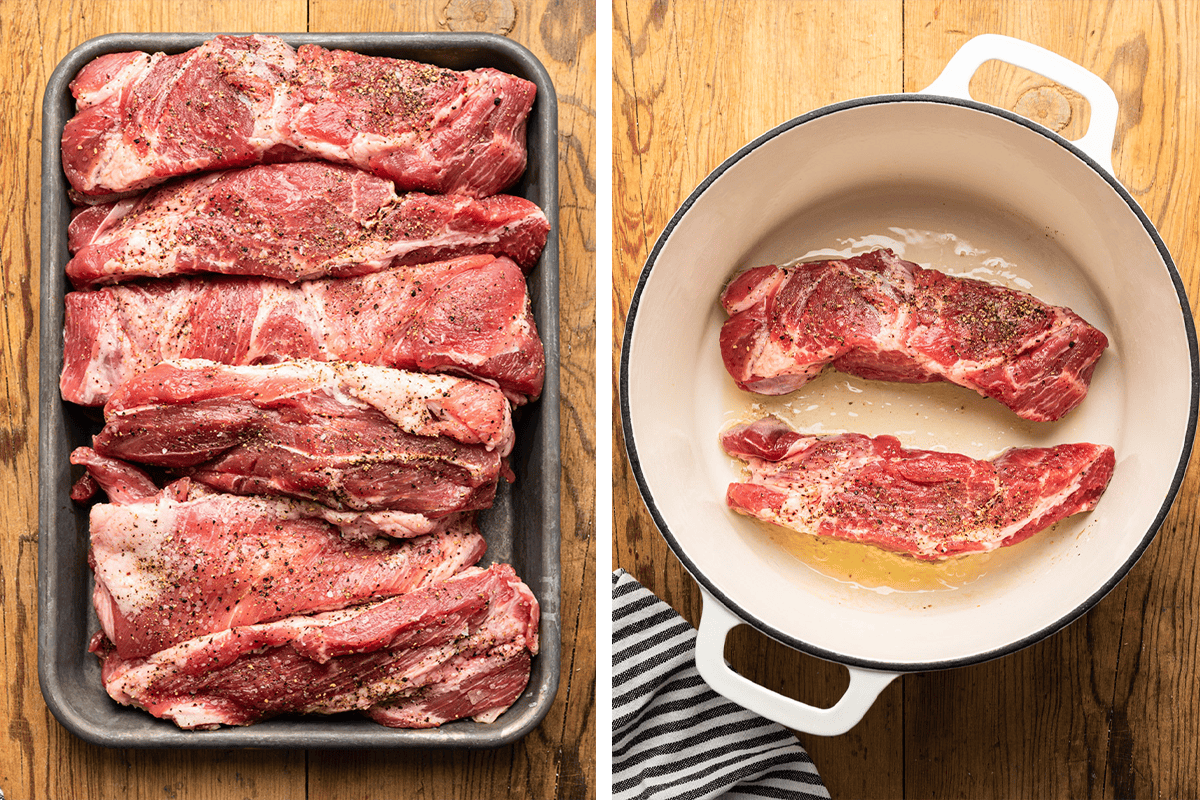 Seasoning the pork with salt and pepper, then browning it in a large Dutch oven with olive oil.