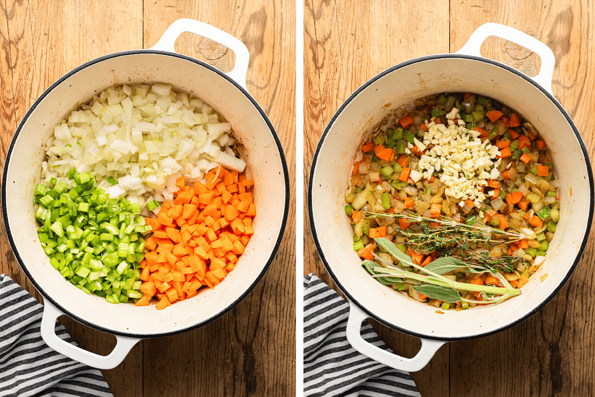 Cooking the onions, carrots, and celery in a Dutch oven; then adding minced garlic, thyme, rosemary, and sage. 