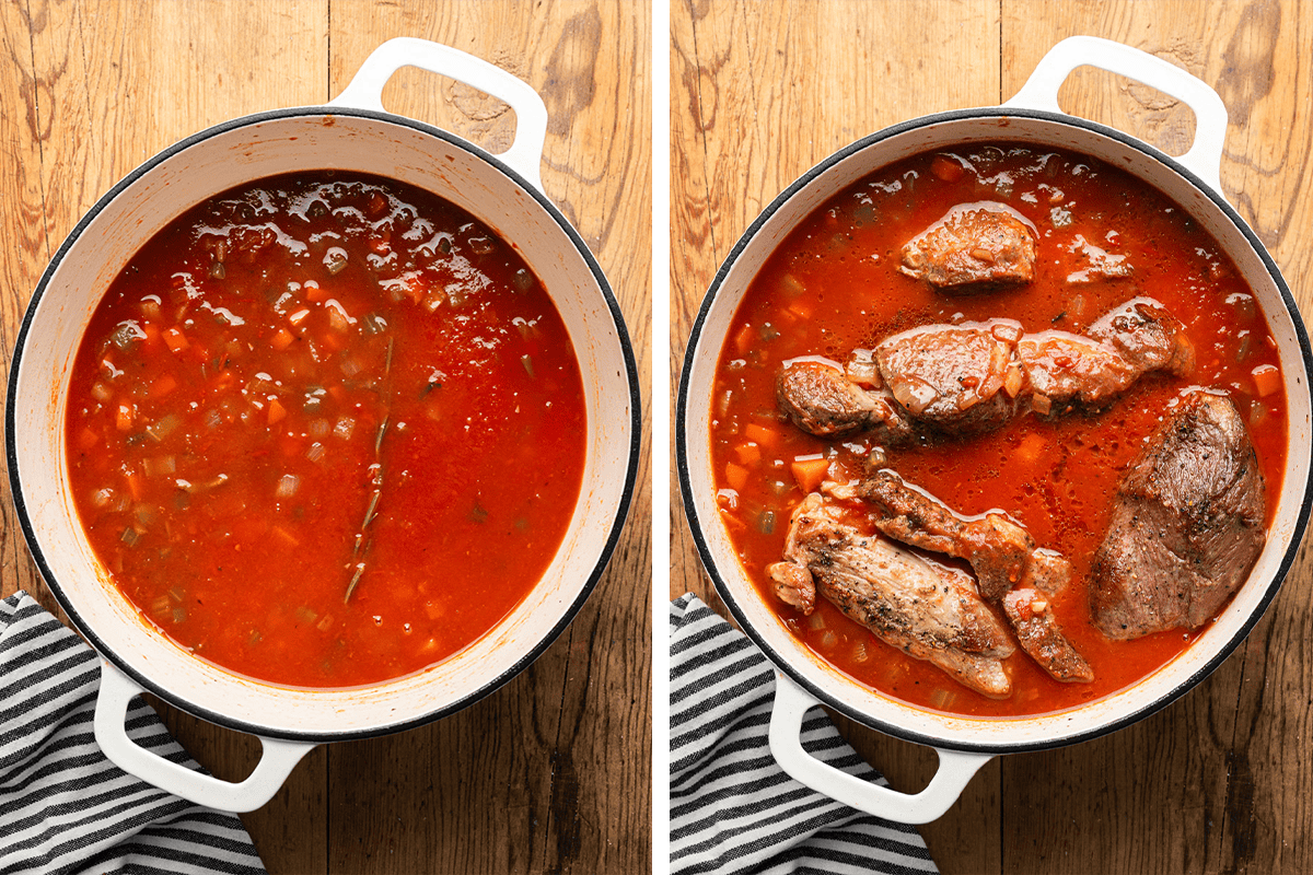 Adding the red wine, crushed tomatoes, and chicken stock to the dutch oven; then adding the pork.