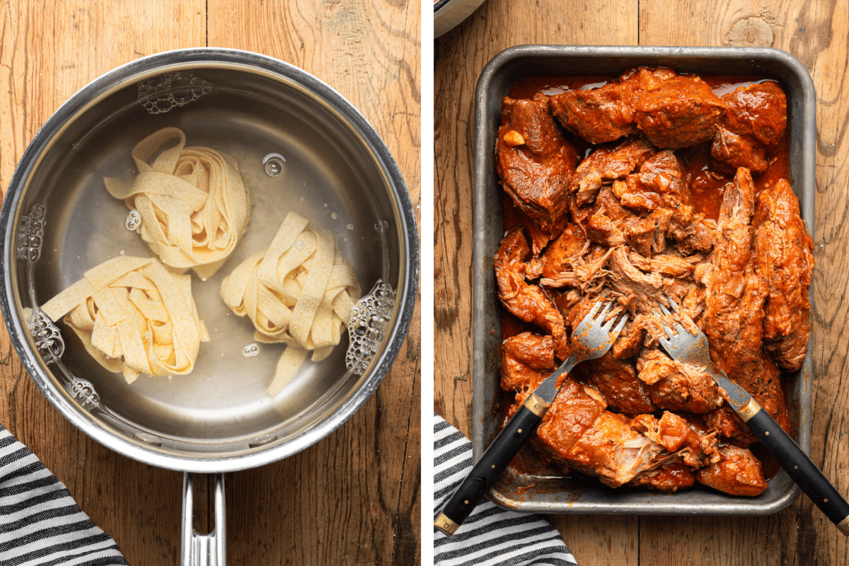 Cooking papparedele pasta in a separate pan; then shredding cooked pork meat.