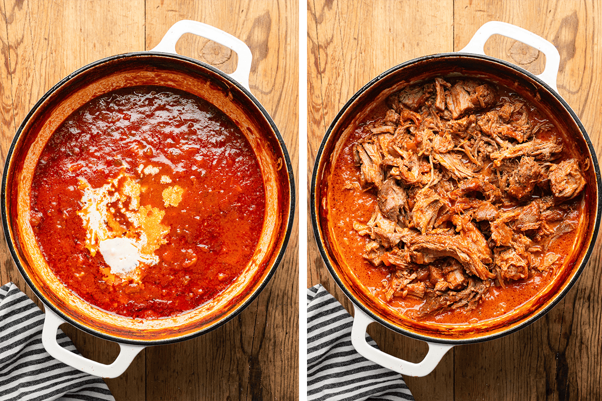 Stirrin gin heavy cream and pasta water into the tomato sauce, then returning the shredded pork to the dutch oven.