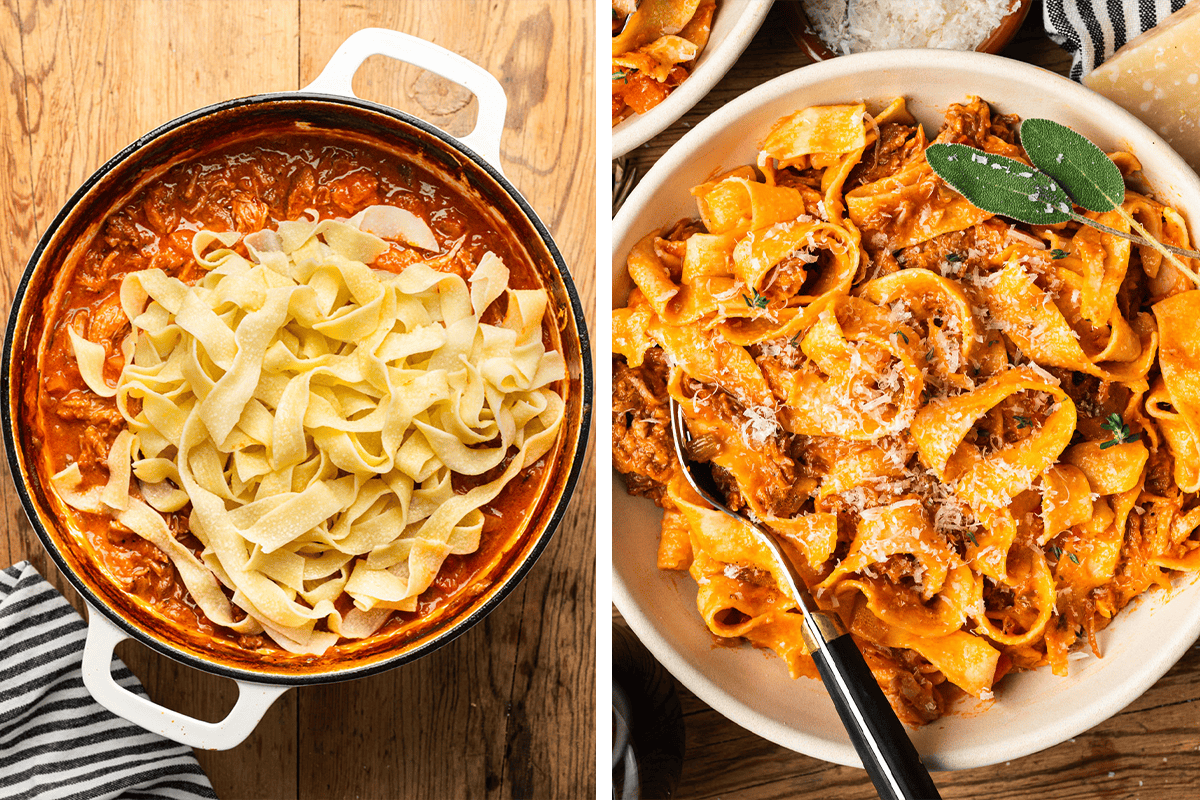 Adding cooked pappardelle pasta to the pork ragu sauce in the Dutch oven; then serving the pork ragu pappardelle topped with grated parmesan cheese in a white bowl.