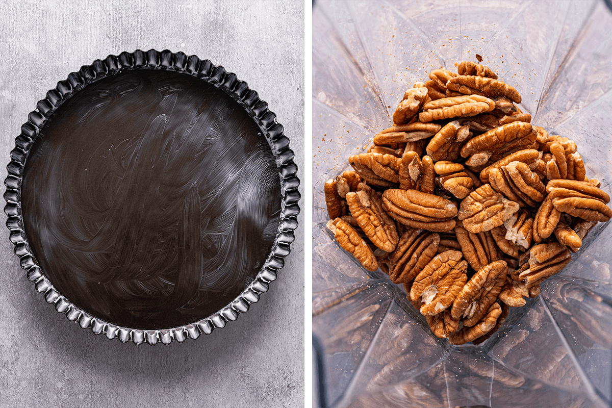 How to Make Chocolate Orange Tart Greasing a 9-inch tart pan, then adding pecan halves to the food processor.