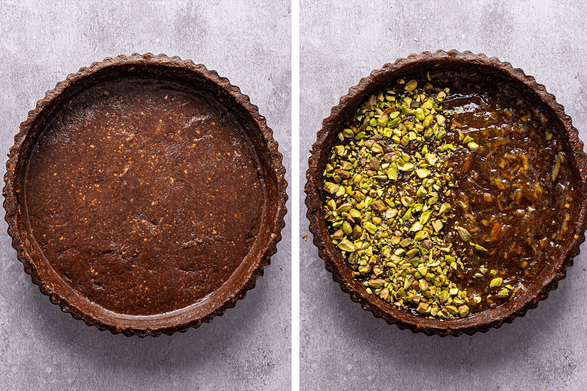 How to Make Chocolate Orange Tart Spreading the orange marmalade over the base of the tart shell, then adding pistachios on top.