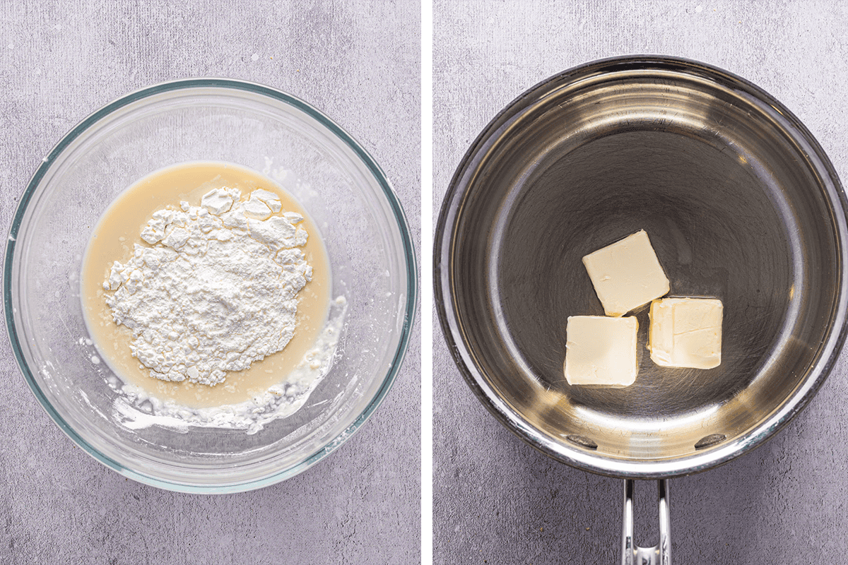 How to Make Chocolate Orange Tart Whisking cornstarch with soy milk in a bowl, then melting vegan butter in a saucepan.
