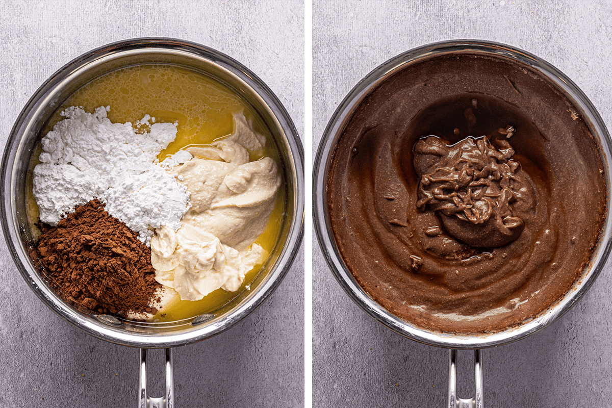 How to Make Chocolate Orange Tart Adding soy milk, blended tofu, cocoa, and powdered sugar to the saucpan with melted vegan butter, then cooking until thick like pudding.