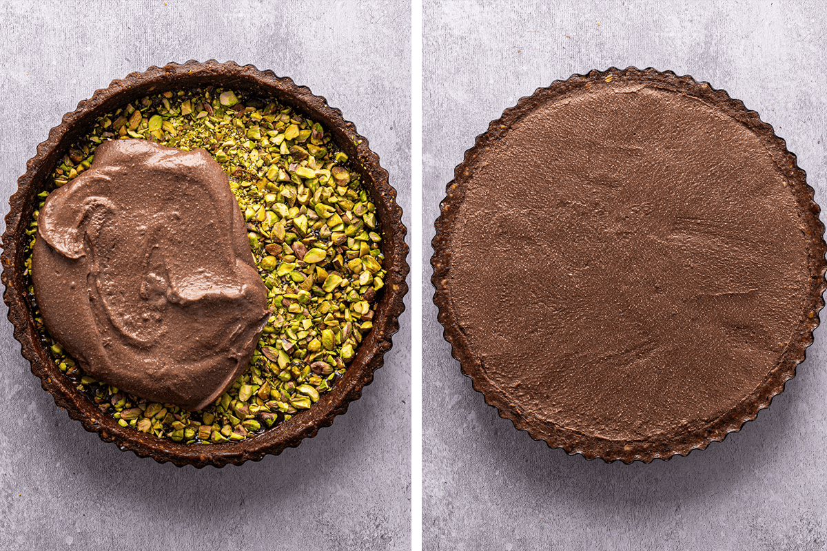 How to Make Chocolate Orange Tart Pouring the chocolate filling over the pistachios into the crust and smoothing out the top.
