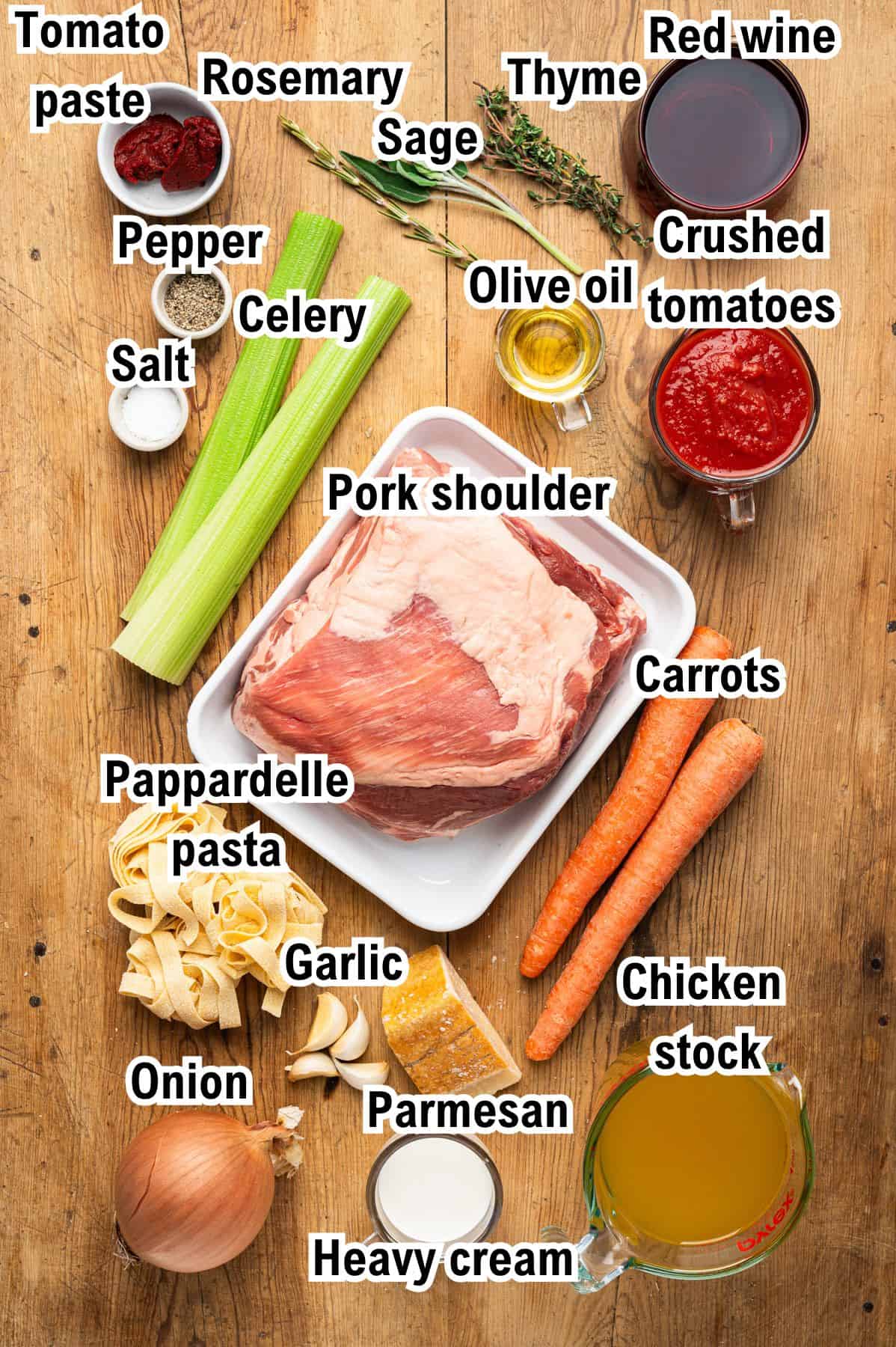 This photo shows all the ingredients required to make Braised Pork Ragu Pappardelle (with labels).