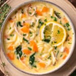 Lemon Chicken Orzo Soup in a bowl.