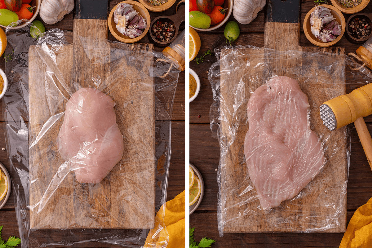 How to Pound Chicken Breasts Placing the chicken breasts on a cutting board, covering with plastic wrap, and pounding to ½-inch thickness.