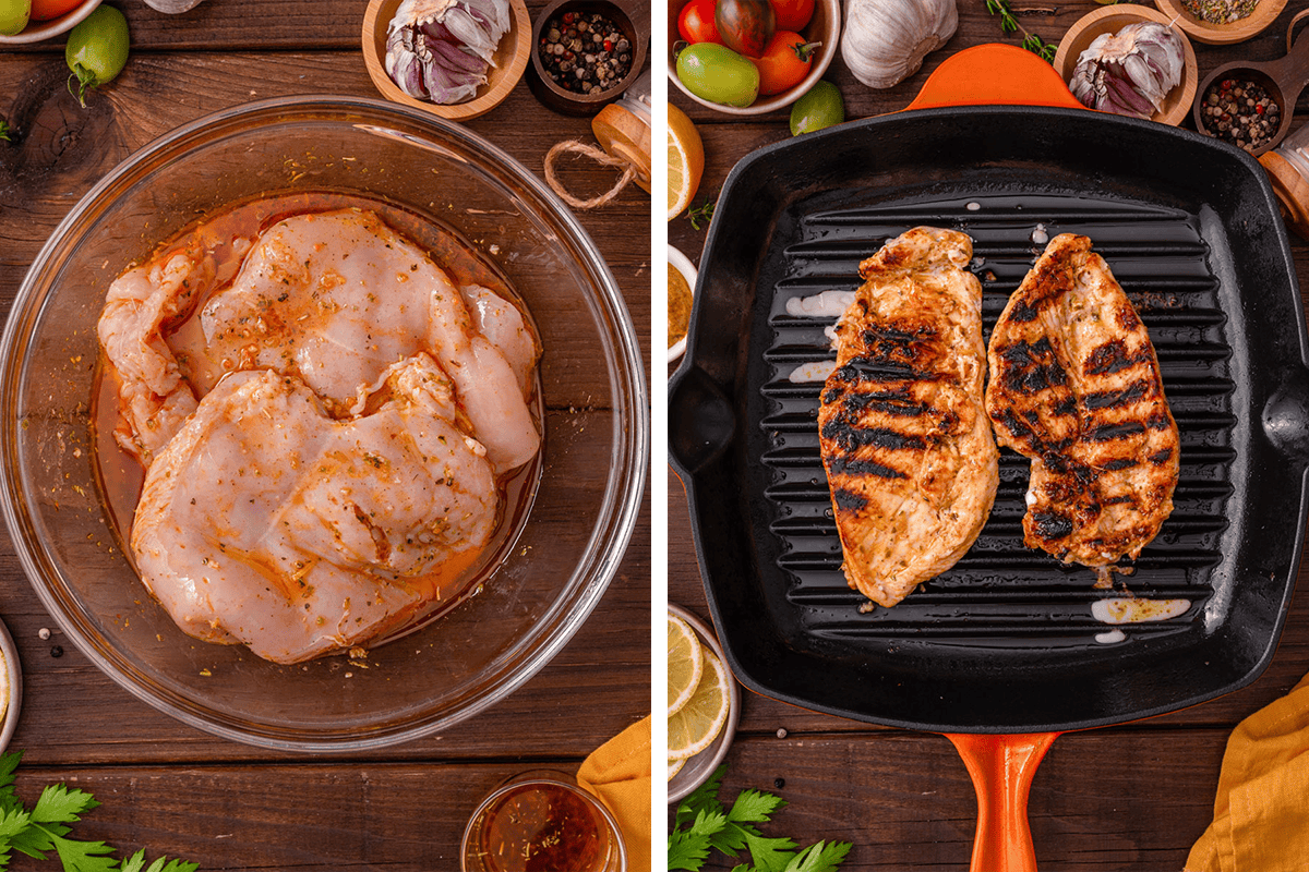 How to Grill Chicken Breasts marinating the chicken breasts in a bowl; grilling chicken breasts on a grill pan.