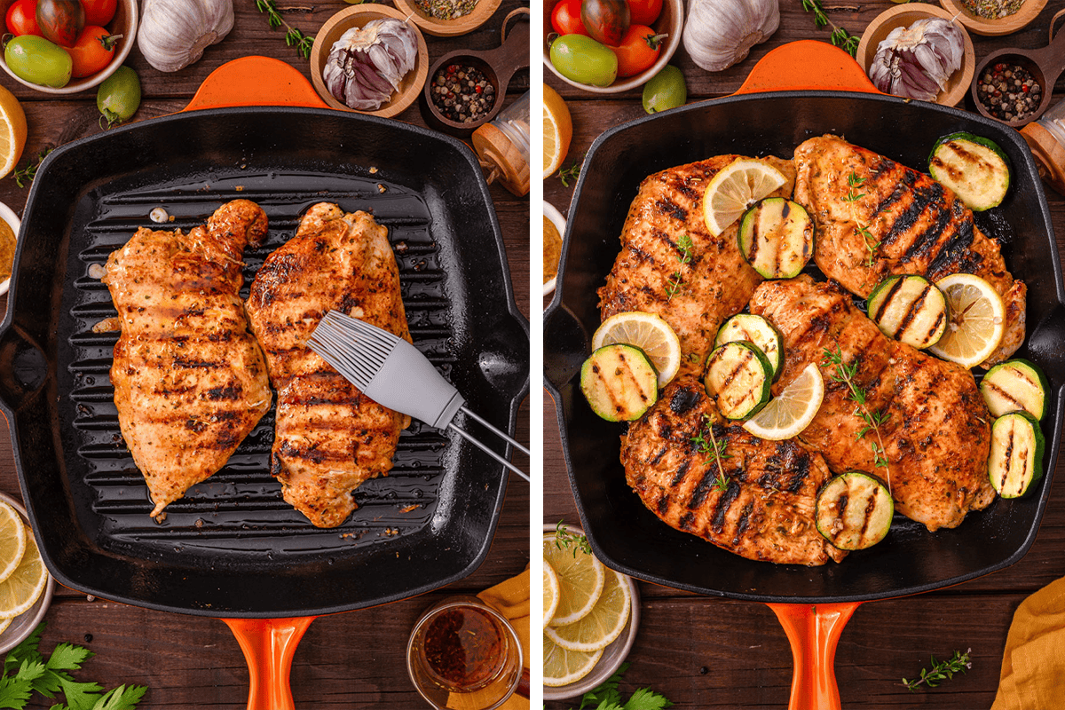 How to Grill Chicken Breasts Basting the grilled chicken breasts with a brush on a grill pan; arranging grilled zucchini rounds around the chicken on a grill pan.