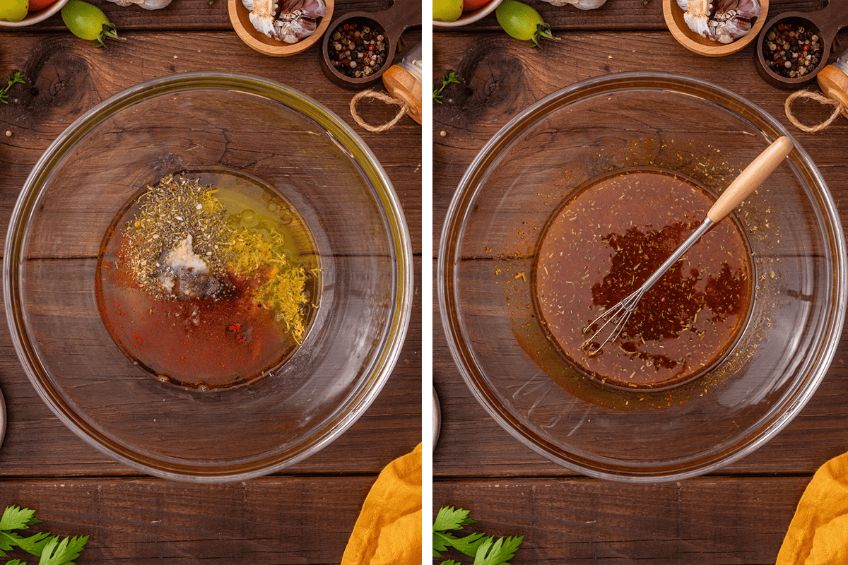 How to Make Chicken Marinade whisking together olive oil, lemon juice and zest, honey, paprika, Italian herbs, garlic, salt, and pepper in a bowl for the marinade.