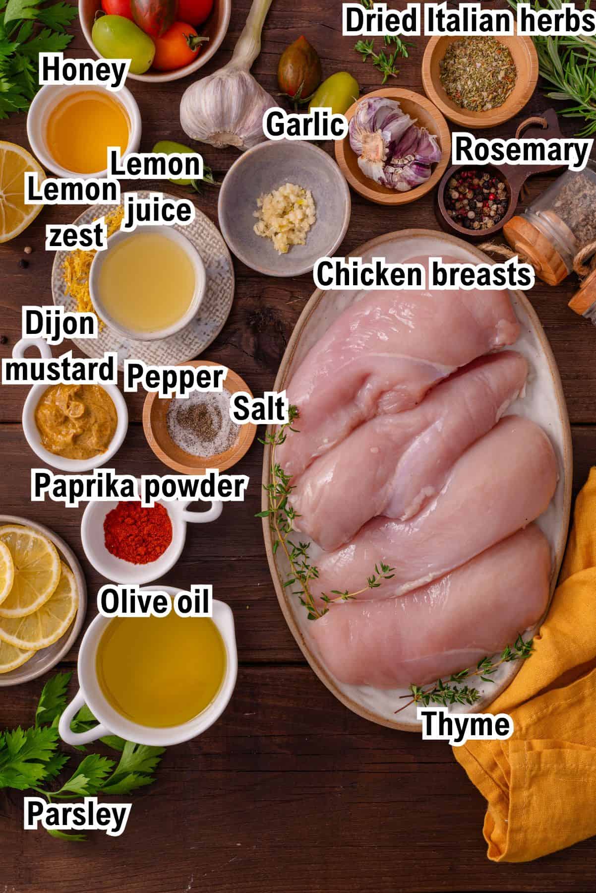 The Ingredients for Grilled Chicken Breasts and the Marinade This photo shows all the ingredients (labeled) required to make grilled chicken + marinade.