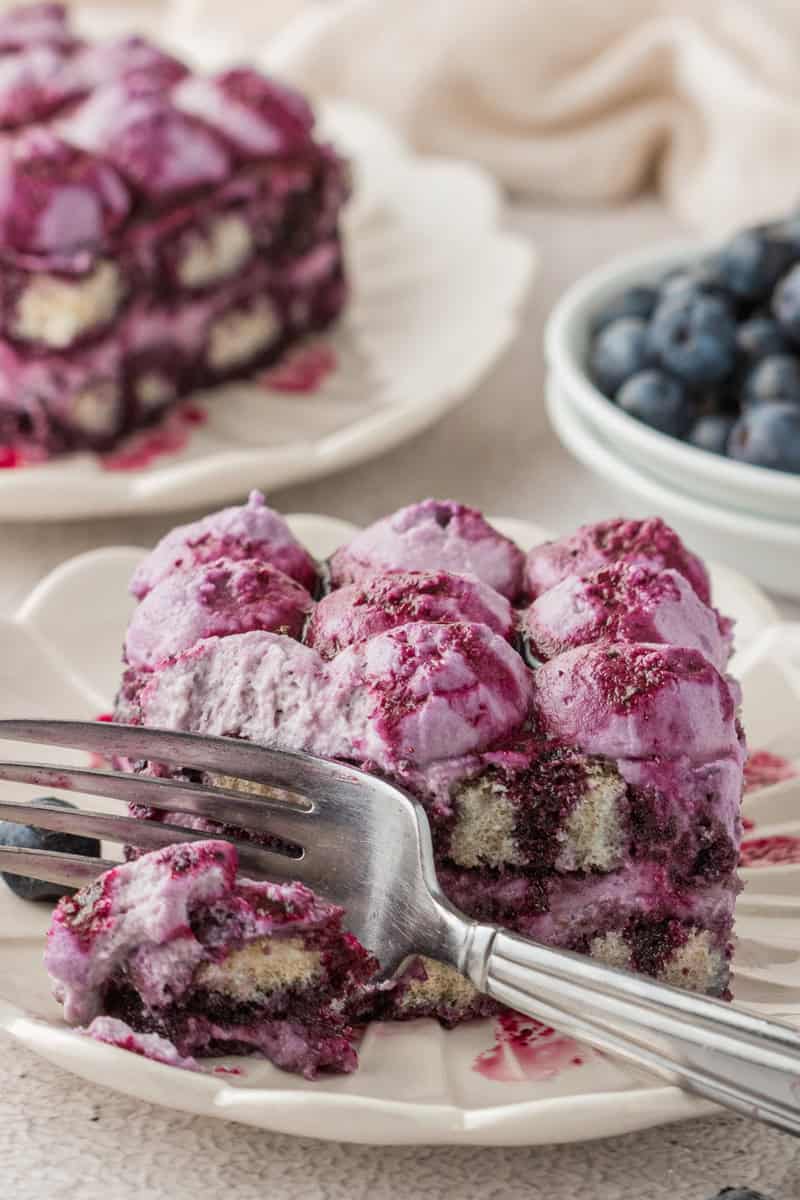 Blueberry Tiramisu A slice of Blueberry Tiramisu on a white plate.