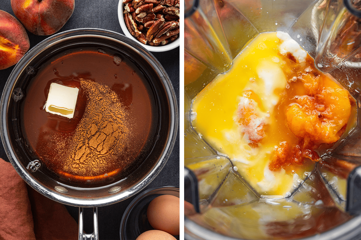 How to Make Peach Pancakes Warming the maple syrup with cinnamon and butter in a small saucepan, then blending buttermilk, eggs, brown sugar, butter, vanilla, and peaches in a blender.