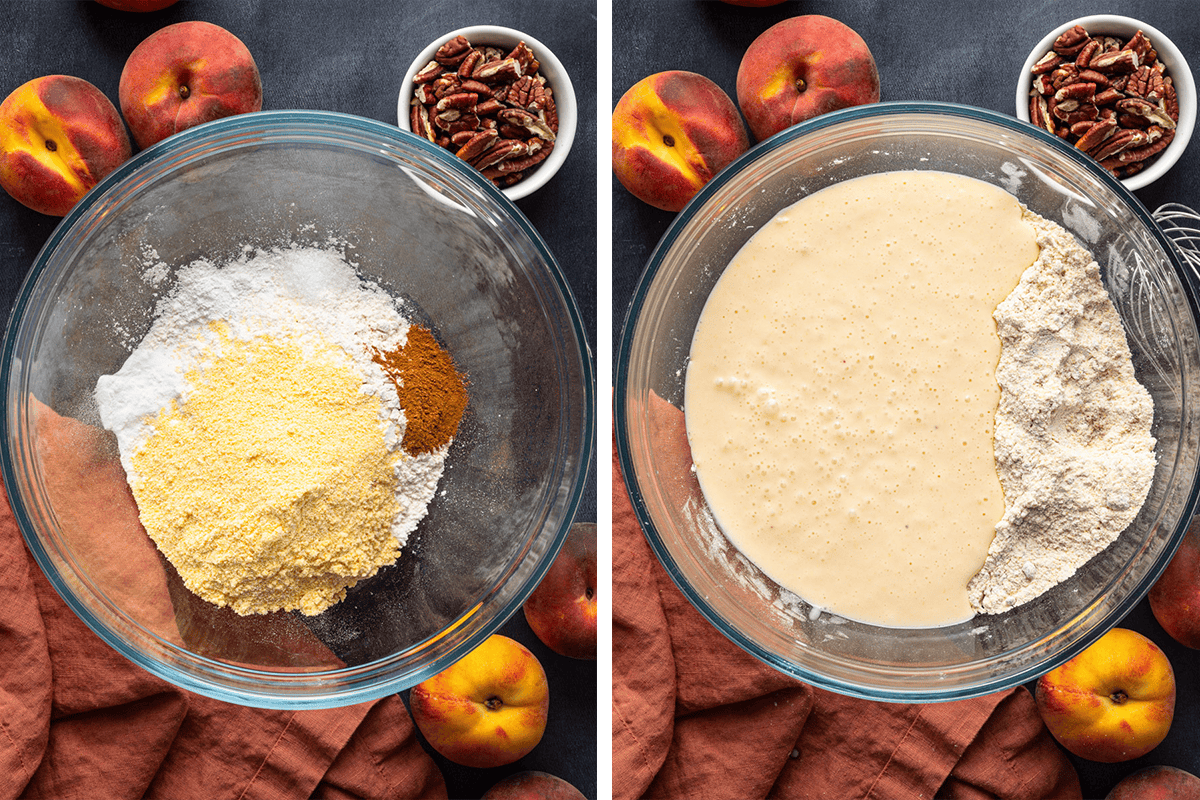 How to Make Peach Pancakes Combining dry ingredients in a bowl; then pouring the wet ingredients into the dry in a bowl.