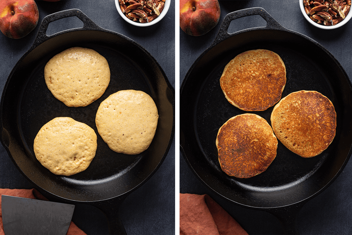 How to Make Peach Pancakes Cooking three pancakes in a cast iron skillet.