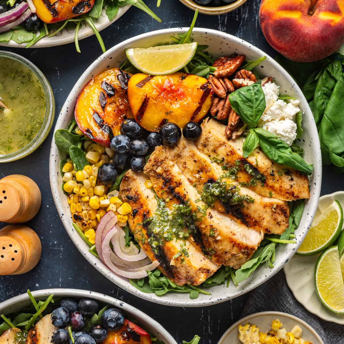 Grilled Rooster Salad with Peaches and Lime-Basil Dressing