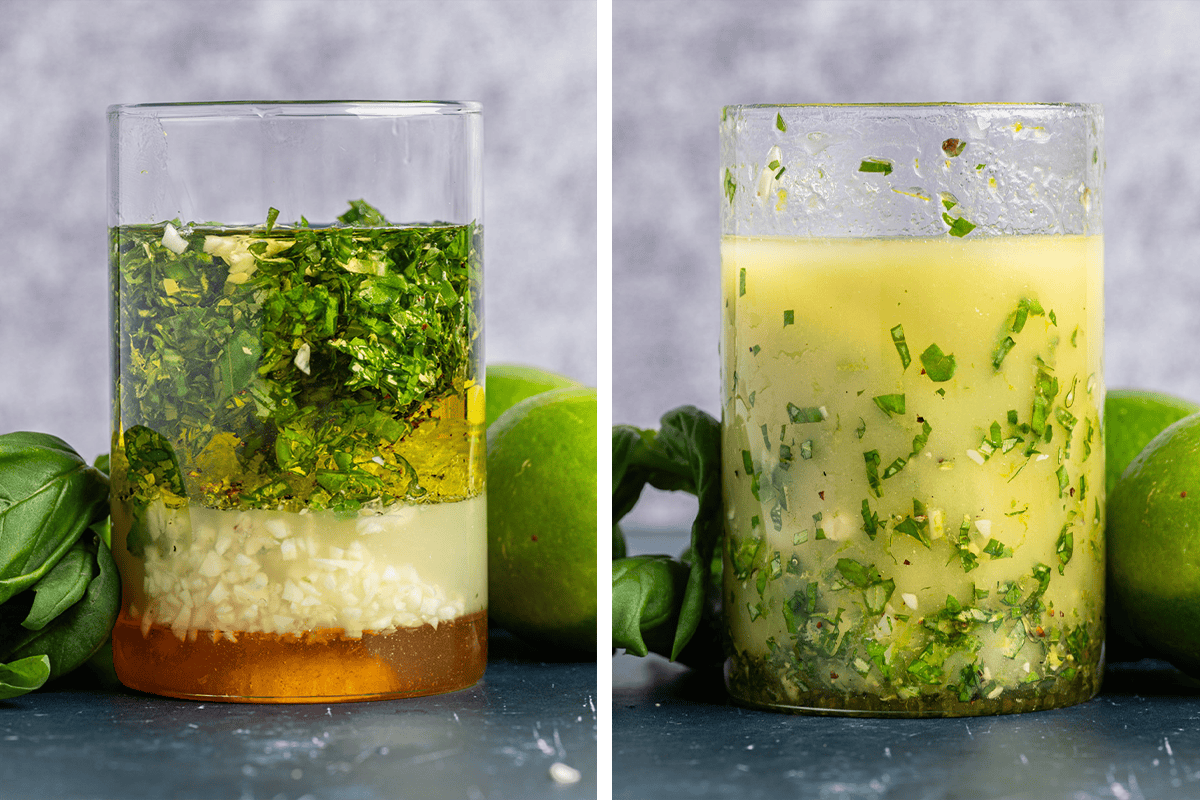 How to make lime basil vinaigrette Combining all salad dressing ingredients in a glass jar; then mixing them together.