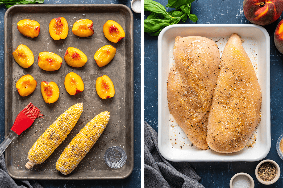 How to Make Grilled Chicken Salad Brushing sliced peaches and 2 ears of corn with olive oil, salt, and pepper on a baking sheet; then seasoning chicken breasts.