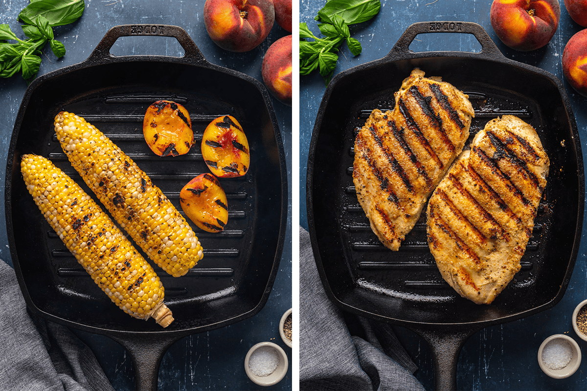 How to Make Grilled Chicken Salad Grilling 2 ears of corn and peach slices on a black cast iron grill pan; then grilling 2 chicken breasts.