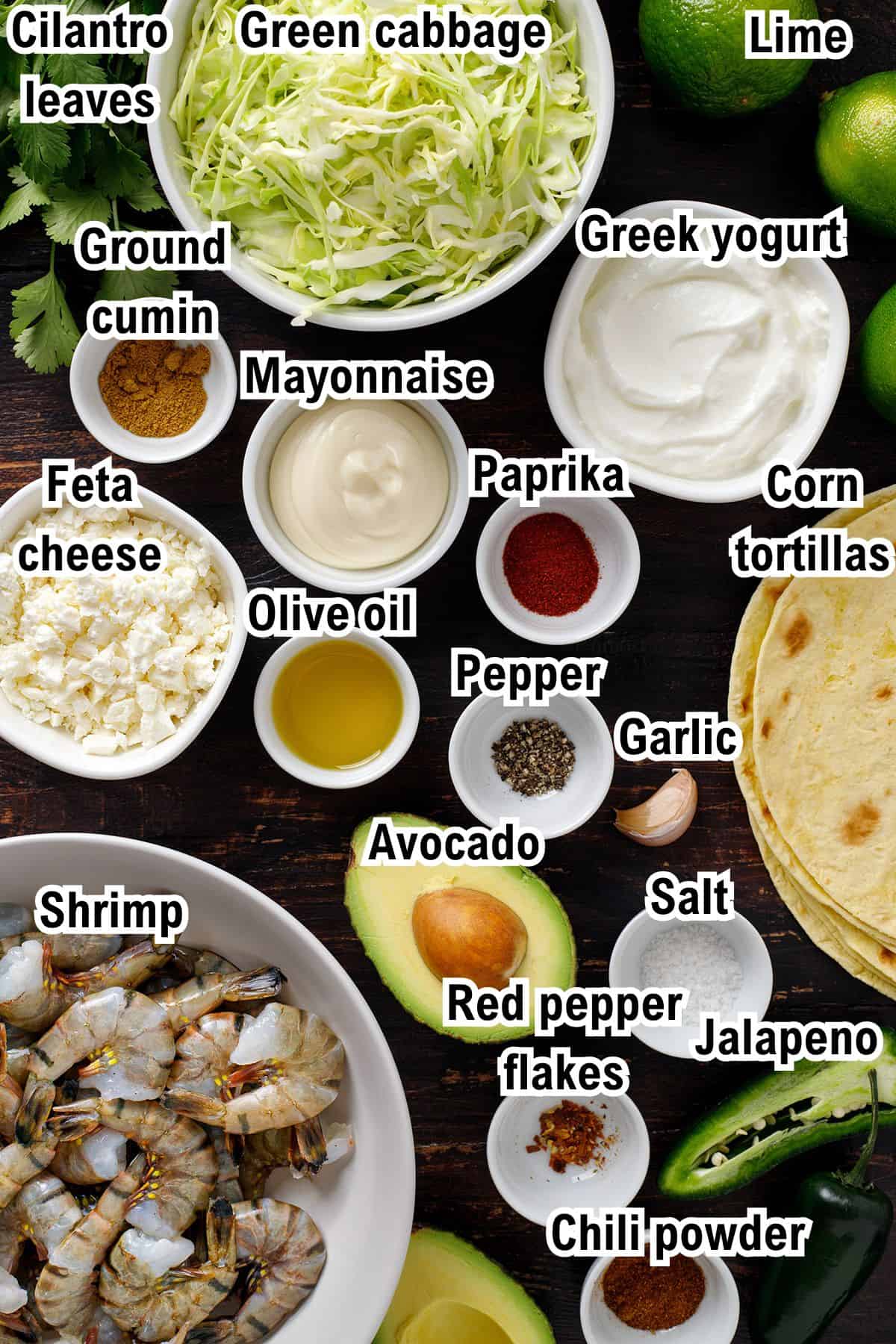 The Ingredients for Shrimp Tacos This photo shows all the ingredients (with labels) required to make Shrimp Tacos.