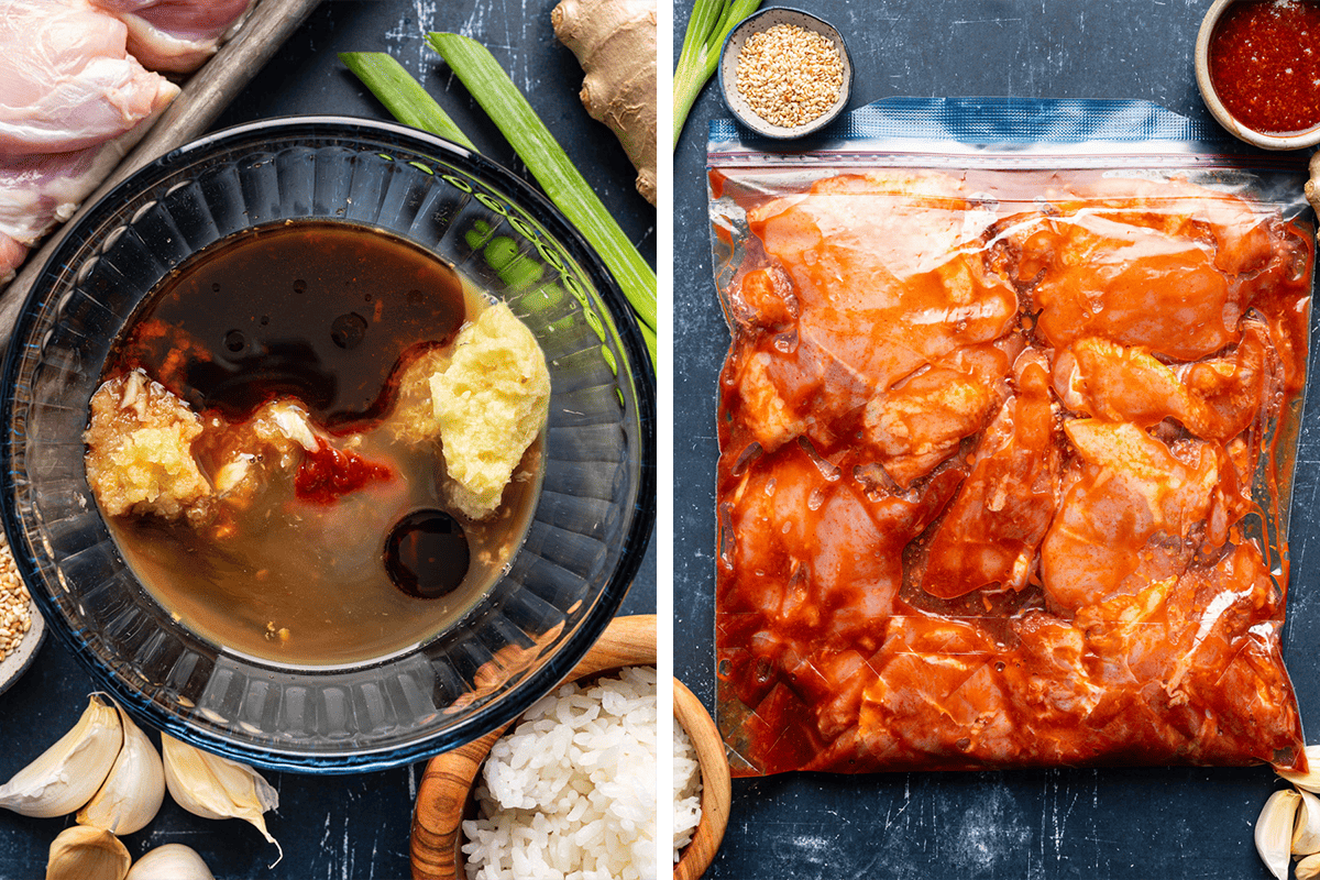 Combining the marinade ingredients in a bowl, then adding the chicken and the marinade to the gallon-size zip-top bag.