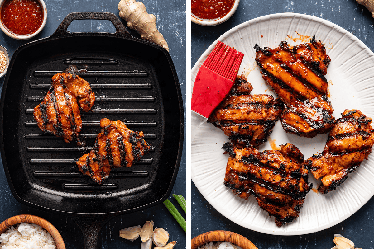 Grilled marinated chicken thighs on a black cast iron skillet; grilled chicken thighs on a large white plate.