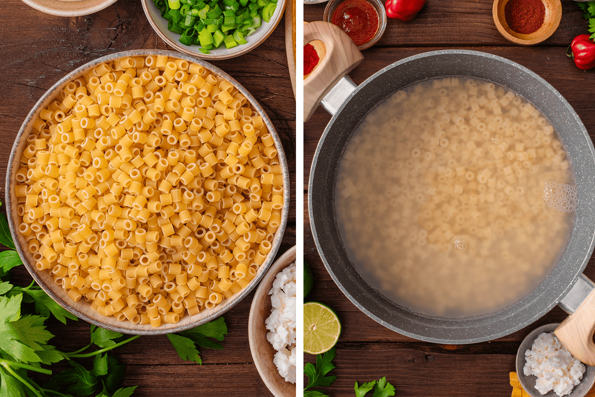 Cooking ditalini pasta in boiling water.