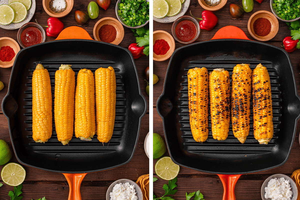 Adding 4 ears of corn to the grill pan and grilling until slightly charred.