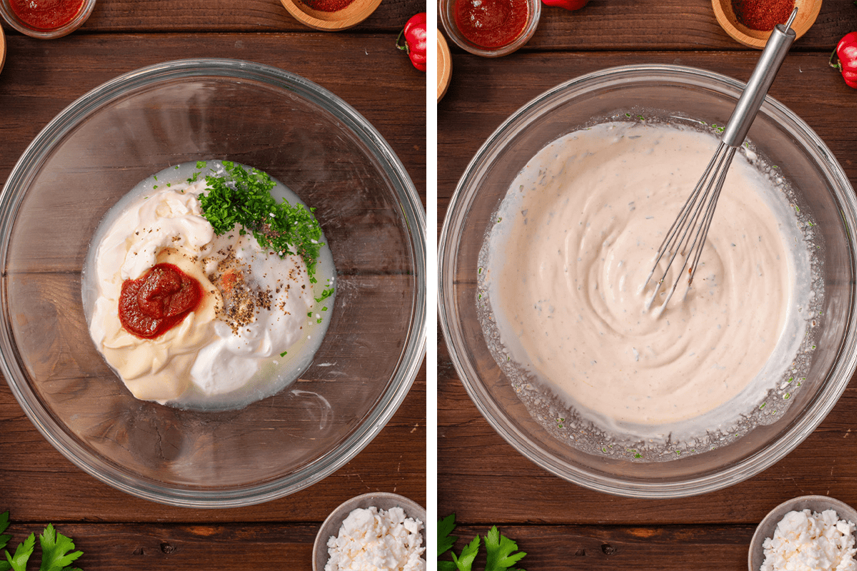 Combining Greek yogurt, sour cream, mayo, lime juice, cilantro, and Sriracha in a large bowl and whisking until smooth.