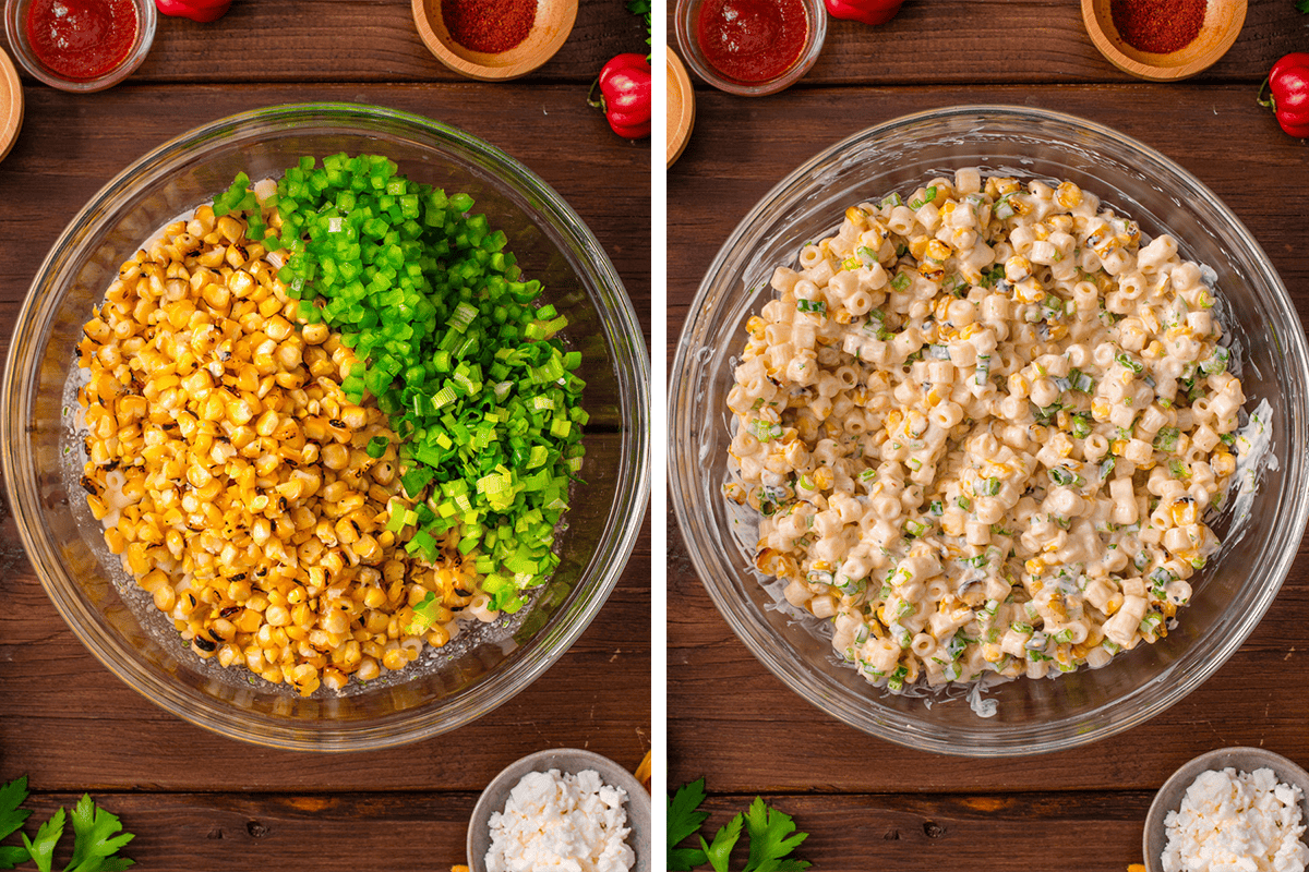 Adding grilled corn kernels, chopped green onions, chopped bell pepper, pasta, and cilantro in a large bowl with the dressing, and mixing everything to combine.