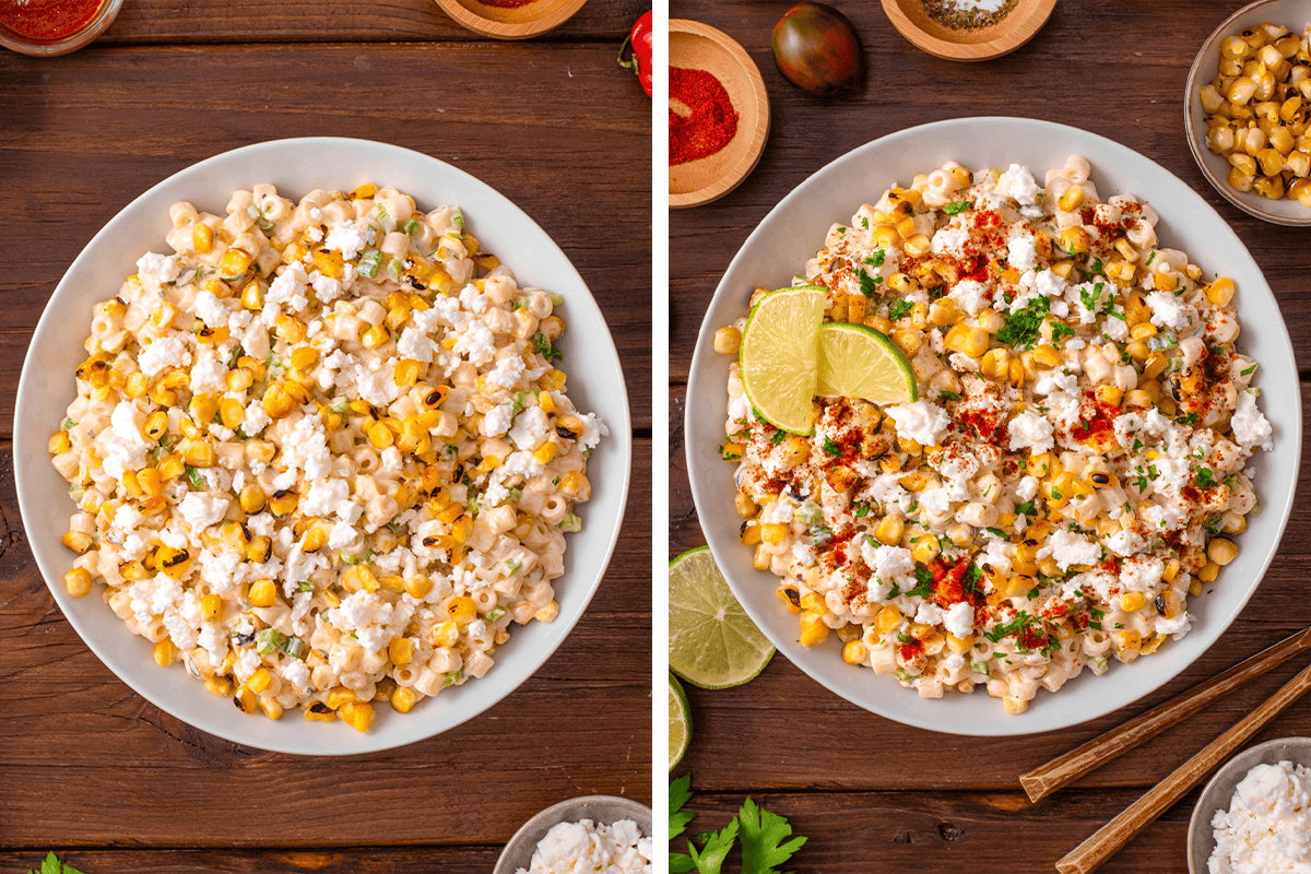 Adding feta on top of the salad, then topping with chili powder, smoked paprika, more finely chopped cilantro, and lime slices on a plate.