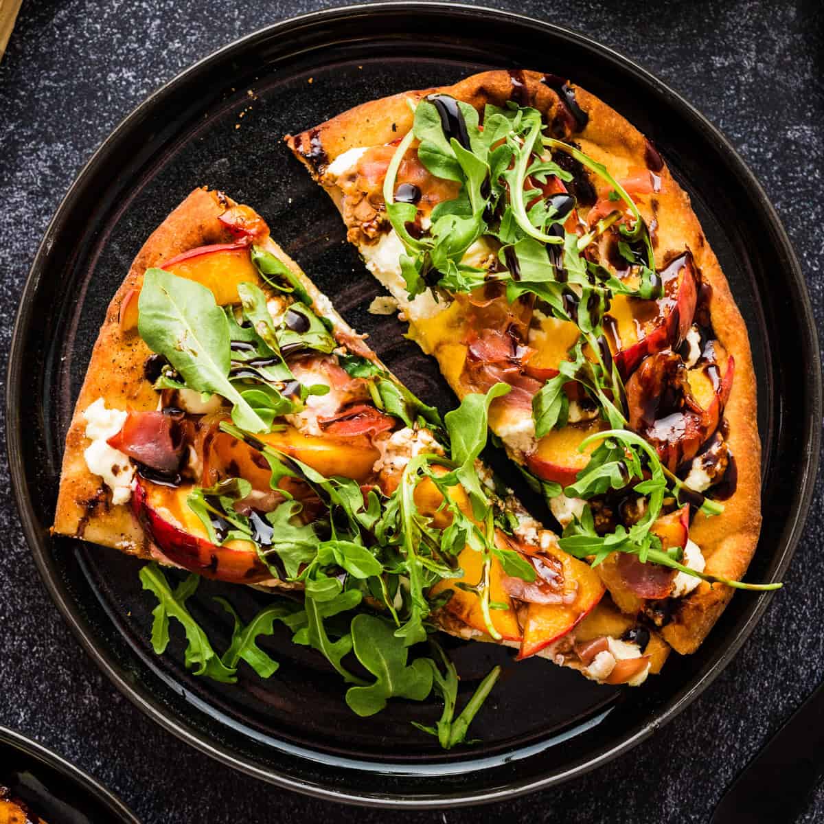 Peach, Goat Cheese, Arugula, & Prosciutto Flatbread with Balsamic Glaze