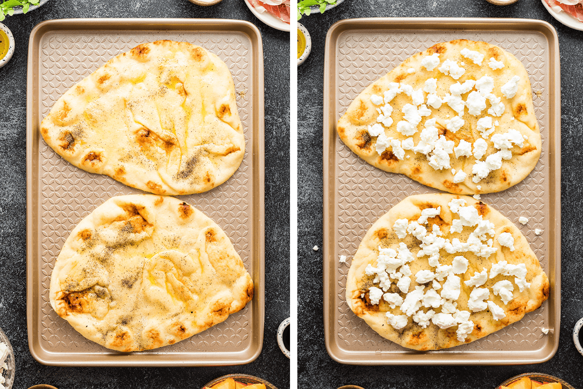How to Make Peach Flatbread Brushing the 2 flatbreads with olive oil and seasoning with salt and pepper on a baking sheet, then adding crumbled goat cheese over each flatbread.