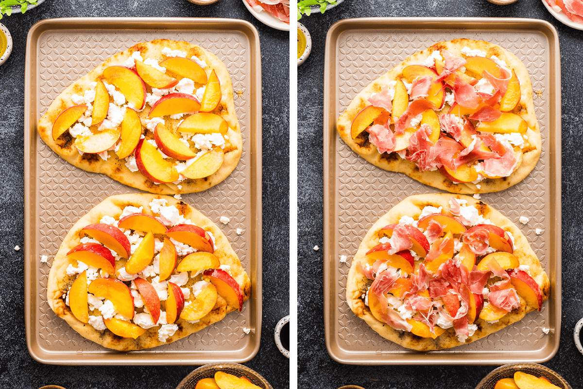How to Make Peach Flatbread Adding sliced peaches over 2 flatbreads on a baking sheet, then adding torn prosciutto over the top.