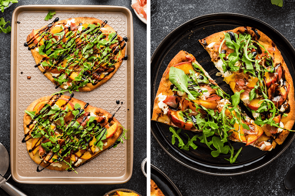 How to Make Peach Flatbread Baked peach and prosciutto flatbread (topped with arugula and drizzled with balsamic glaze) - on a baking sheet and then on a black plate.