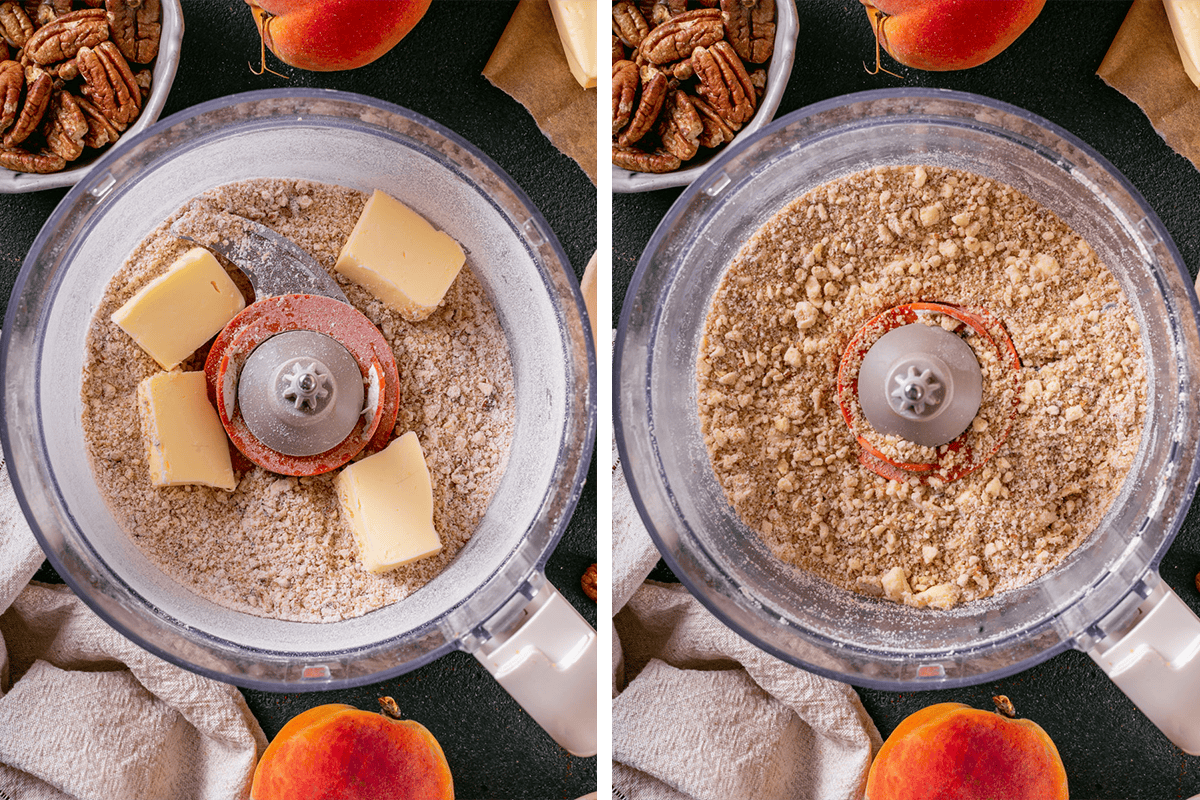 How to Make Peach Coffee Cake Pulsing flour, sugar, cinnamon, pecans, and sliced cold butter in a food processor until coarse crumbs form.
