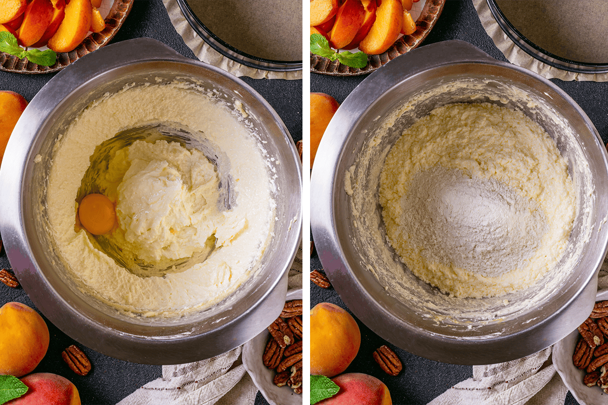 How to Make Peach Coffee Cake Makingn the cake batter by creaming wet ingredients in a bowl, then adding dry ingredients.