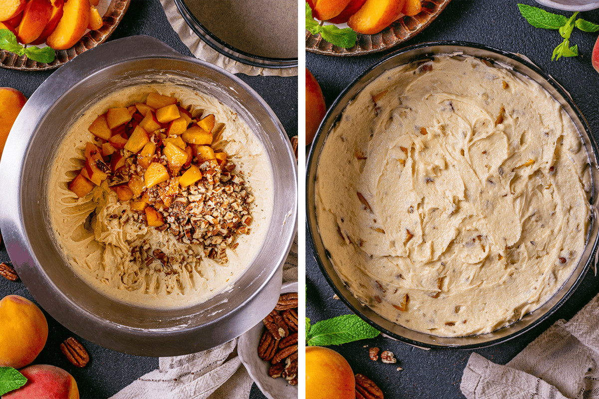 How to Make Peach Coffee Cake Folding chopped pecans and diced peaches into the cake batter in a bowl, then pouring the bater into the baking pan.