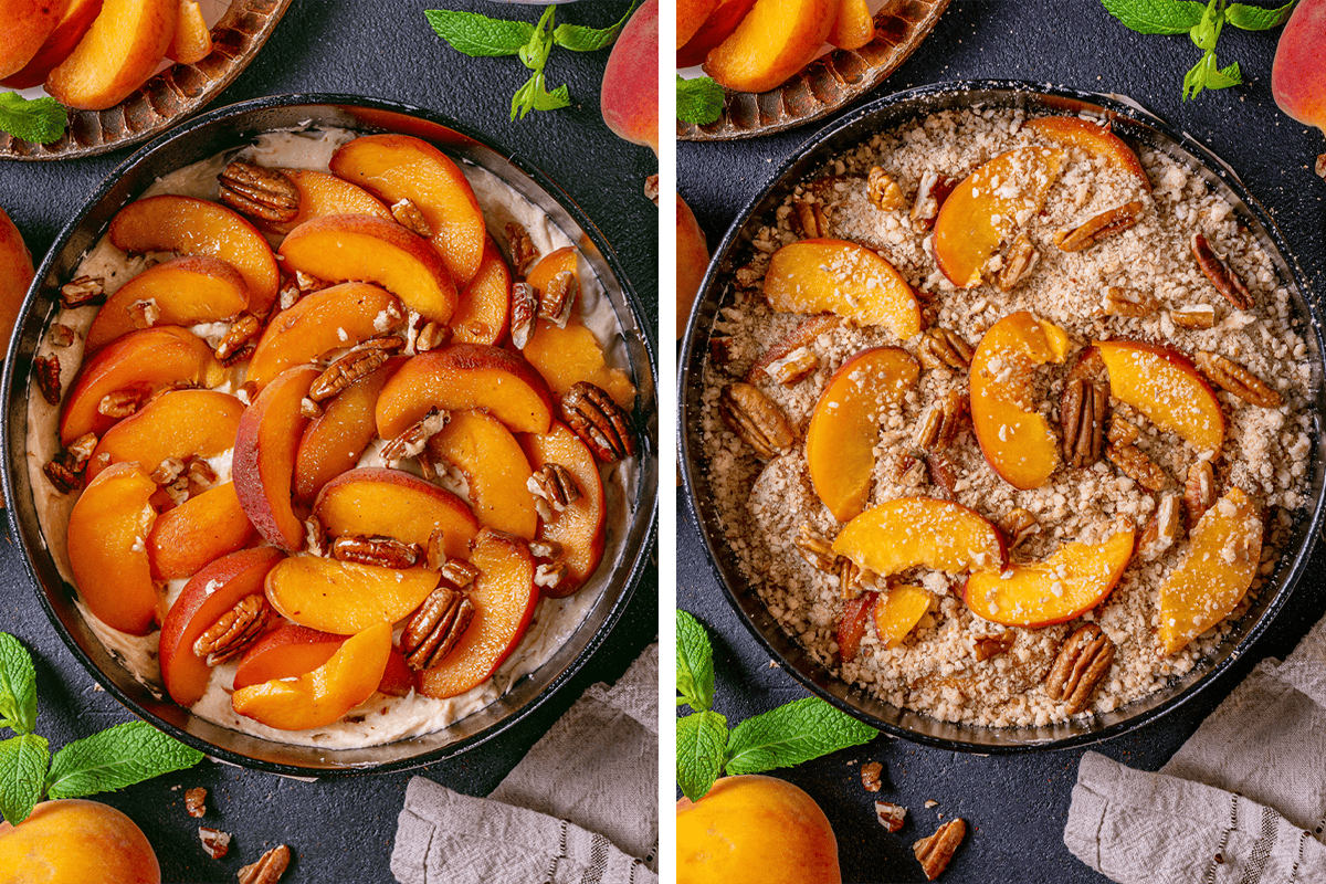 How to Make Peach Coffee Cake Arranging sliced peaches and pecan halves on top of the cake batter, then adding streusel and extra peaches - in a baking pan.