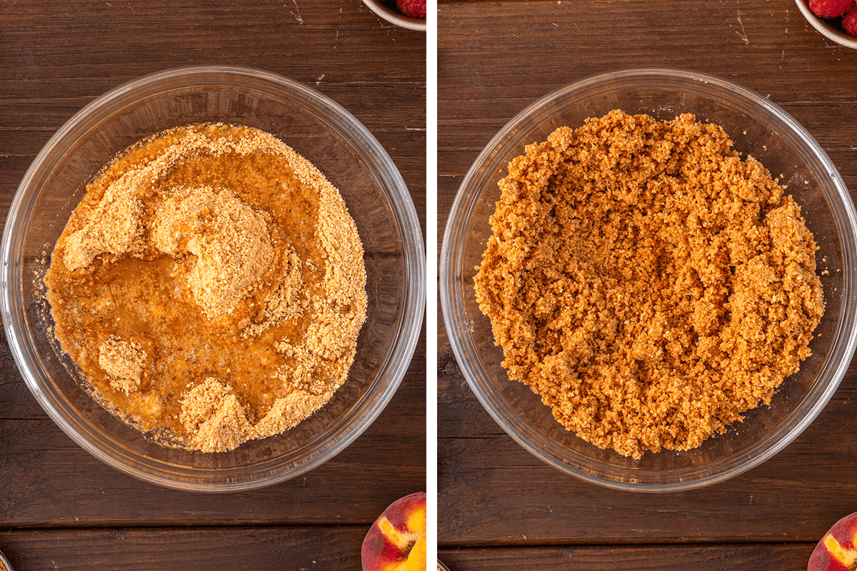 How to Make Raspberry Peach Cheesecake Mixing graham cracker crumbs and melted butter in a bowl until the mixture looks like wet sand.