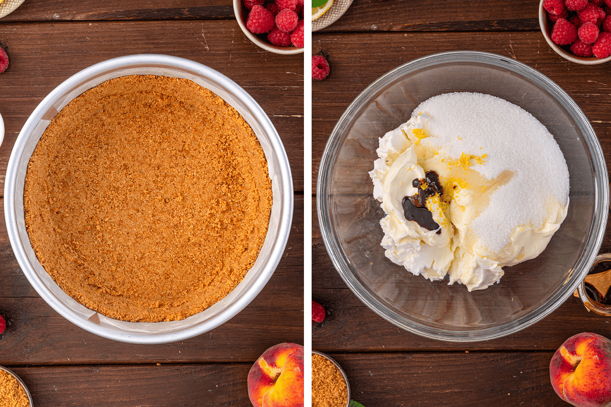 How to Make Raspberry Peach Cheesecake Baked crust in a baking pan, then combine cream cheese, mascarpone, sugar, lemon juice and zest, and vanilla in a bowl.
