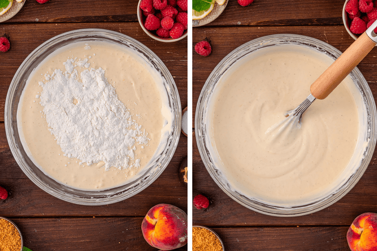 How to Make Raspberry Peach Cheesecake Adding flour to the cheesecake filling and whisking it in a bowl.