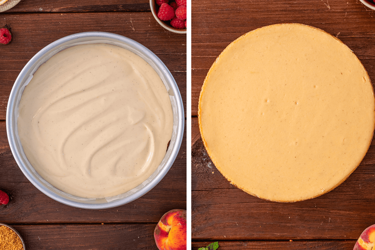 How to Make Raspberry Peach Cheesecake Pouring the cheesecake filling over crust and smoothing the top then baking until set.