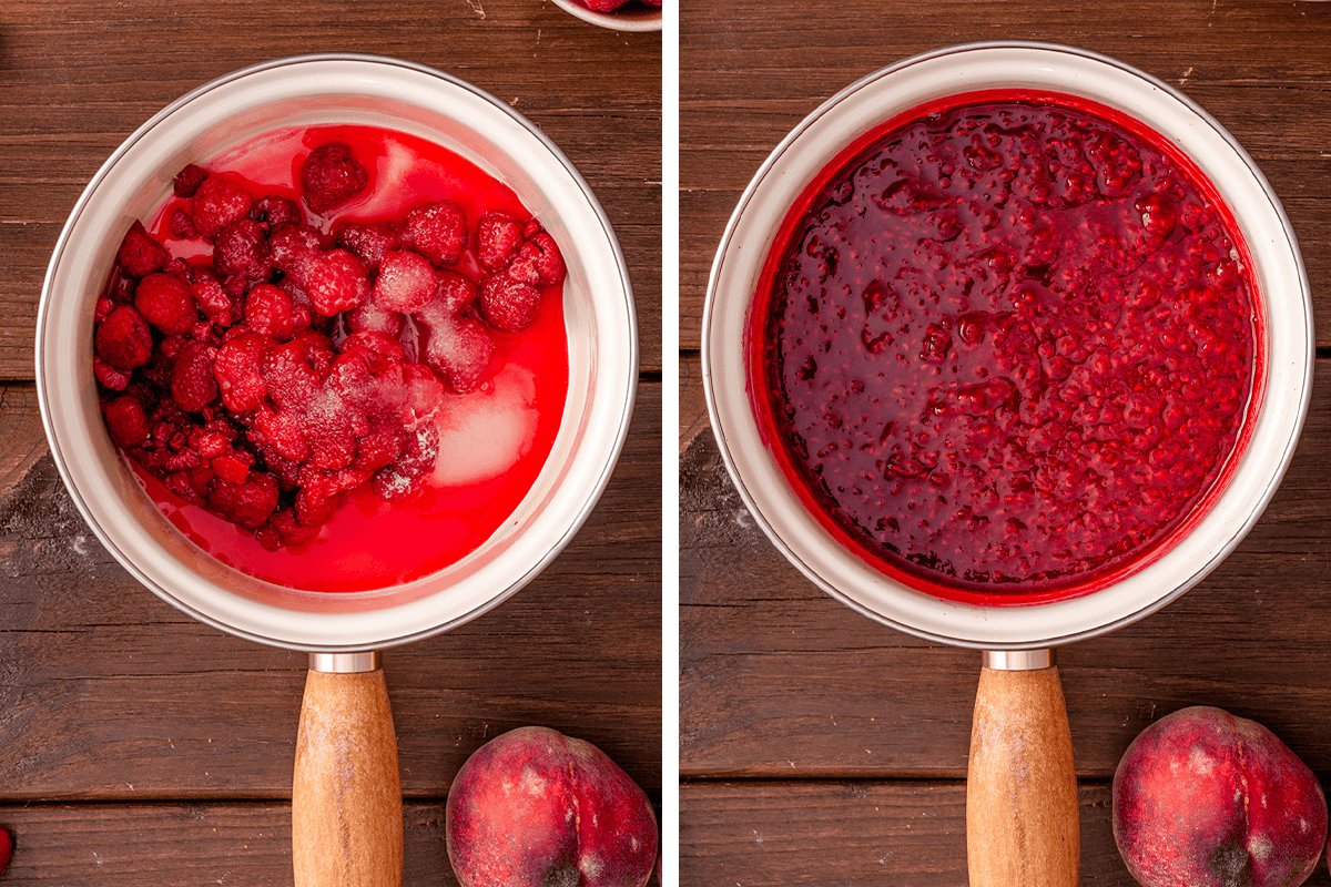 How to Make Raspberry Sauce Simmering fresh raspberries with sugar and lemon juice until soft in a small pan.